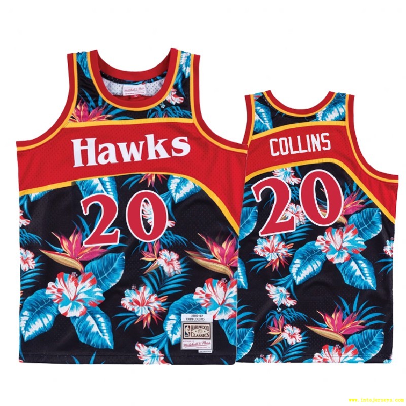 Men’s Atlanta Hawks #20 John Collins Floral Fashion Hardwood Classics Black Jersey